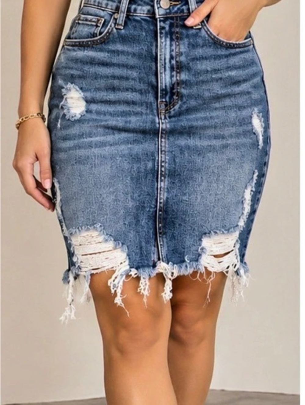 RISEN High-Waisted Distressed Denim Pencil Skirt – NWT